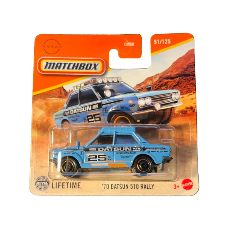 Mașinuță Matchbox Datsun 510 Rally '70, albastru, 1:64 Mașinuță Matchbox Datsun 510 Rally '70, albastru, 1:64