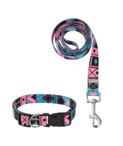 Set lesă și zgardă câine, rezistentă, model aztec, multicolor