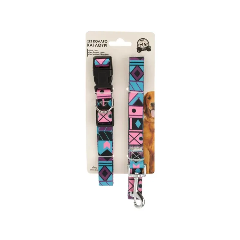 Set lesă și zgardă câini, rezistentă, model aztec, multicolor
